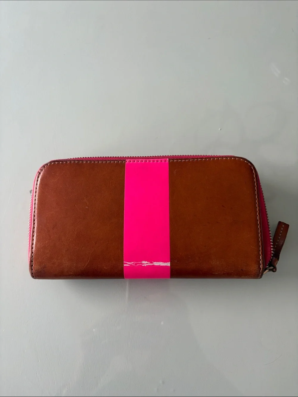 Clare V Brown Leather Zip Wallet with Bright Pink Center Stripe